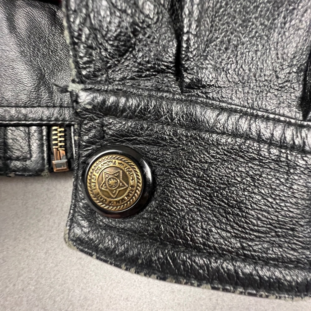 Leather Bomber Jacket Mens L Black USA Eagle Patriotic Biker Vintage Rocker - Picture 15 of 16